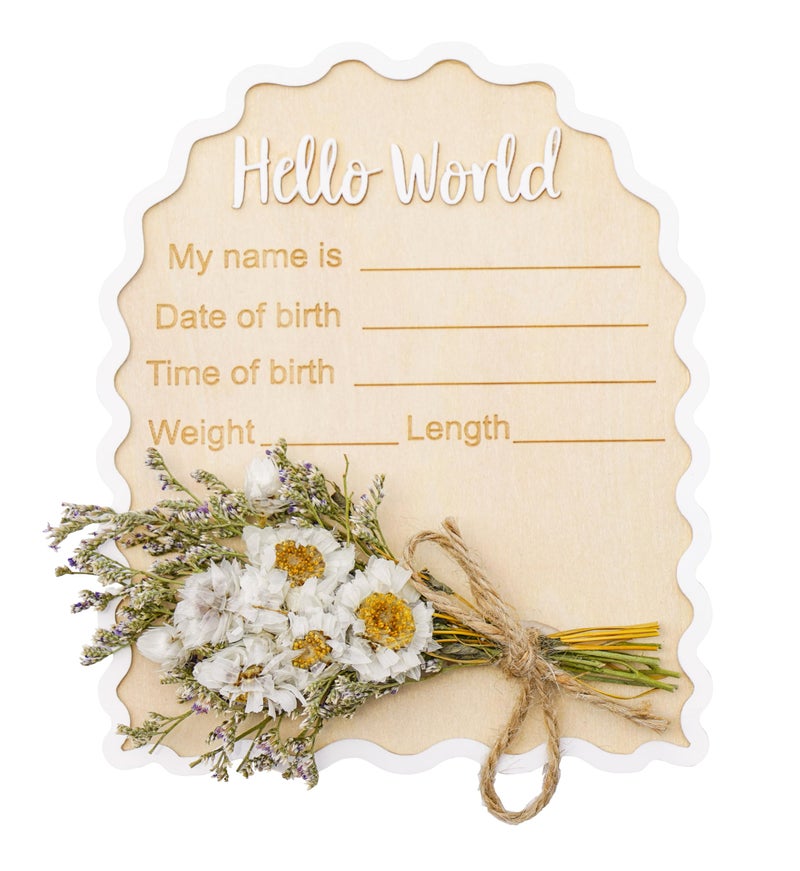Wonhibo Daisy Newborn Announcement Sign - Baby Hospital Photo Prop Wooden Board Card with Real Pressed Flowers Hello World - Image 1